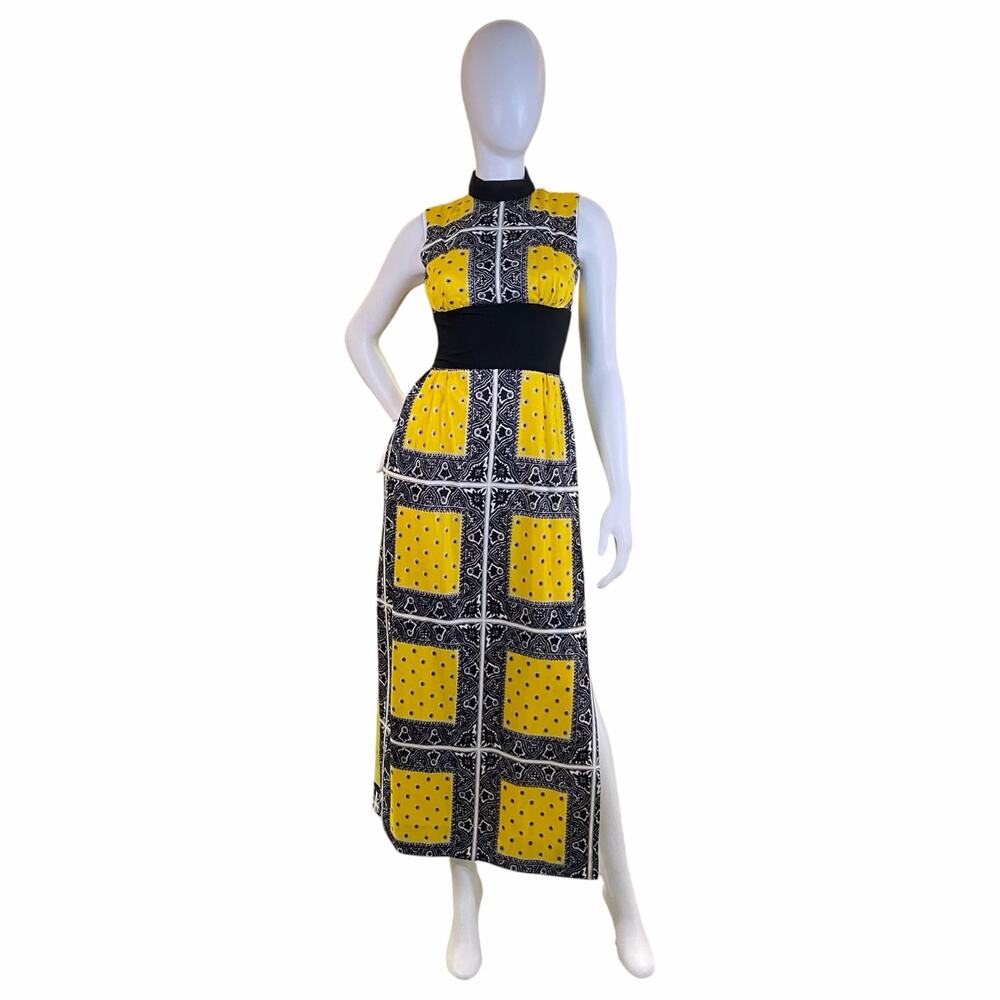 1970s Vintage Hostess Yellow Black Bandana Paisley Print High Slit Maxi Dress